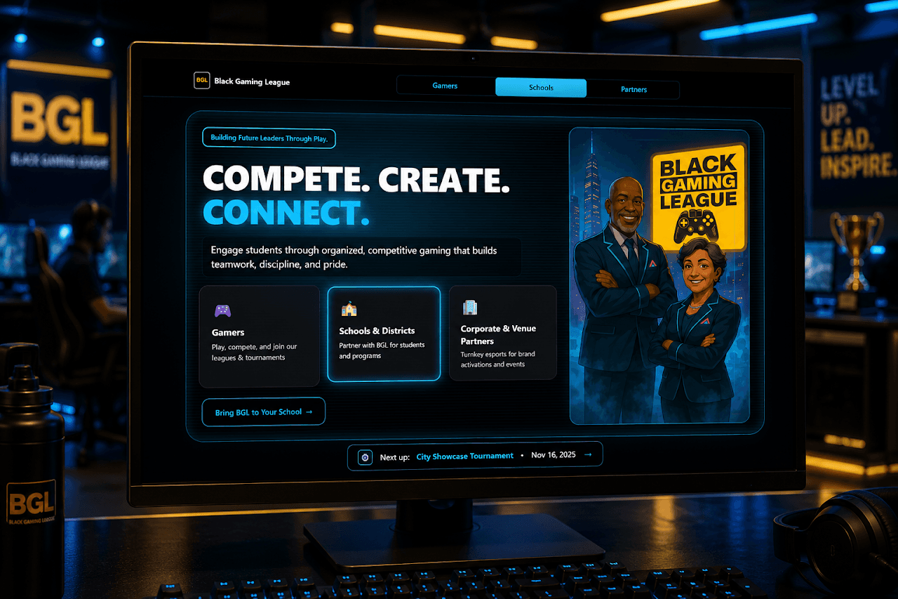 Black Gaming League community platform displayed on a desktop monitor