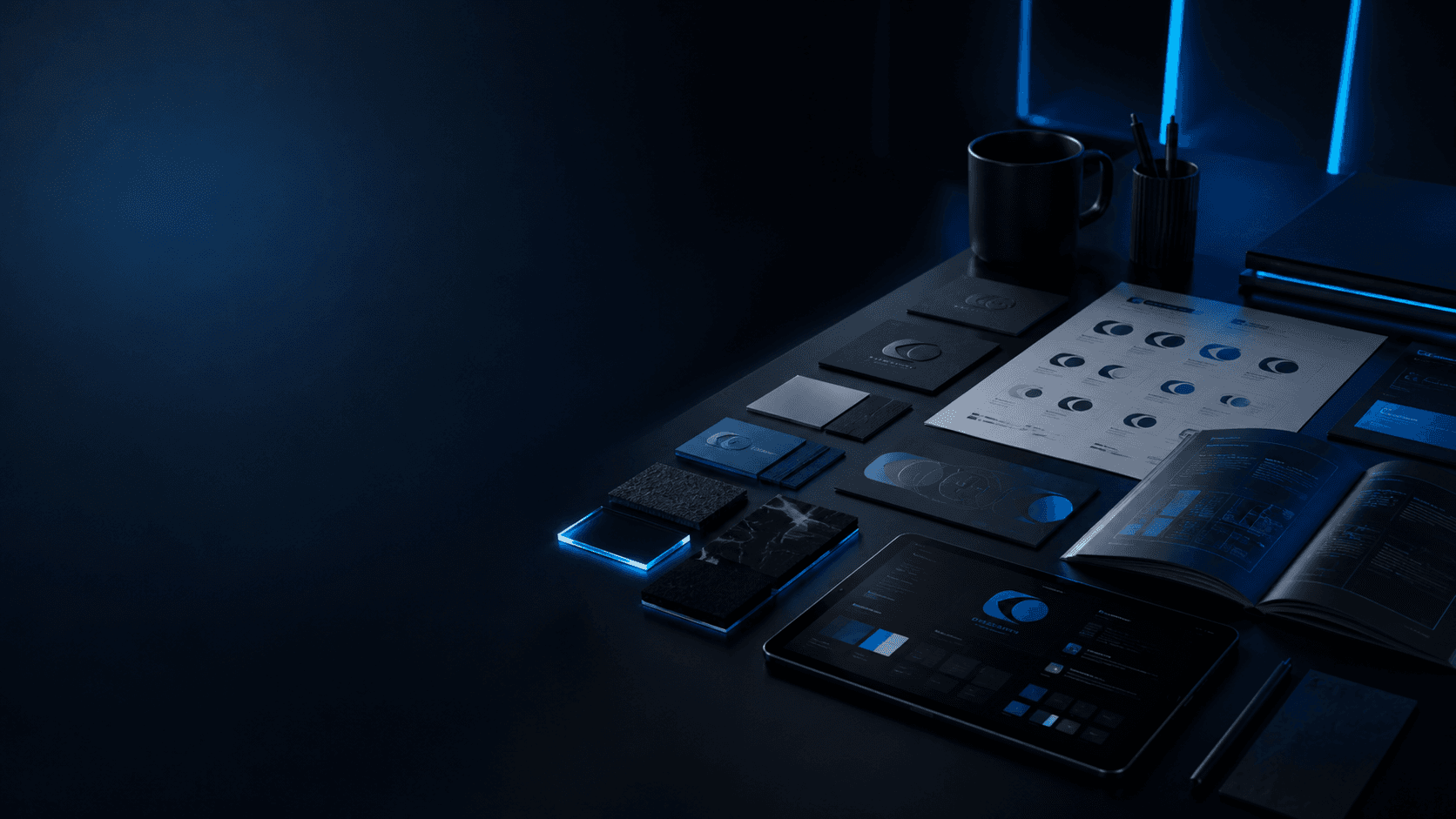 Creative Eye Studios brand identity materials arranged across a design workspace