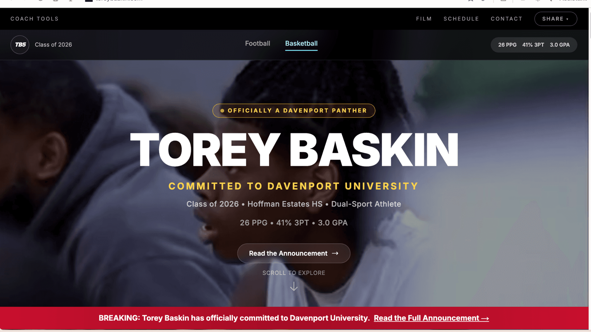 Torey Baskin recruiting website announcing his Davenport University commitment